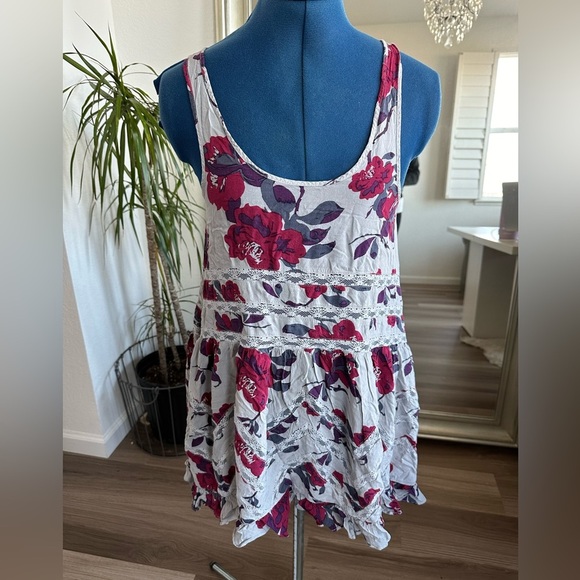 Intimately Free People Gray Red Floral Voile and Lace Trapeze Slip Dress XS - Picture 4 of 7